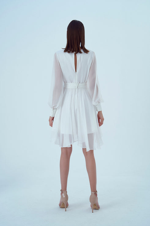 CHIFFON V-NECK LONG SLEEVE MINI DRESS - Barrus London